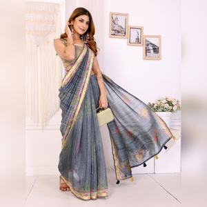 ผ้าชันเดรีพิมพ์ลายดอกไม้สีเทา ขายดีที่สุด เหมาะสำหรับงานปาร์ตี้ ชุดเจ้าสาวแฟนซีสำหรับผู้หญิงอินเดีย พร้อมเสื้อท่อนบนแบบยังไม่เย็บติด - Product Image 3