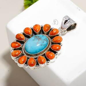 Éponge ovale naturelle corail et poire coupe bleu turquoise bague en argent sterling 925 Designer fin pendentif pour les femmes au prix de gros - Product Image 3