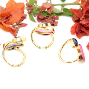 Natural azul hidro cuarzo ágata rebanada doble piedra preciosa 24K chapado en oro diseñador mujeres anillo al por mayor hermosa joyería India - Product Image 3