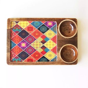 Eco Friendly Durable Handcrafted Decorative for Wood Tray Set Traditional Enamel Printed Base Two <b>Wooden</b> <b>Bowls</b> Ramadan Wedding - Product Image 4
