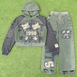 Op maat gemaakte OEM zip-up sweatsuit met strass steentjes, streetwear borduurwerk, applicatie, distressed tracksuit, wijde sweatpants en hoodie sets voor heren - Product Image 1