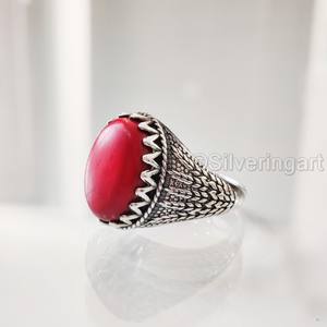 Anillo de Plata de Ley 925 para Hombre con Coral Rojo Natural, Todas las Tallas, Estilo Otomano, Regalo de Aniversario o Navidad, Venta al Por Mayor - Product Image 2