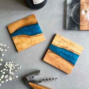 <b>Wooden</b> Coasters Set Modern Epoxy Coasters Full Set of 6 with Holder for Coffee Tea Home Decor <b>Wooden</b> <b>Placemat</b> Trays Platters - Product Image 3