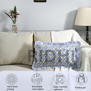 Juego de Fundas de Almohada Lumbar Estilo Occidental con Volantes Florales Azul Costero 12x20, Estampado a Mano en Algodón, Tamaño Personalizado, Extraíbles y Lavables - Product Image 5