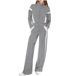 Custom Logo Unisex Women Spring Summer Casual Sports Two Piece Sets Solid 100% Cotton Straight Pants Zipped Pockets Tracksuits - Product Image 1