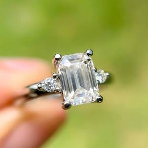 6x8mm Emerald Cut Diamond Engagement Ring | Side <b>Stones</b> | 18K Gold Plated Sterling Silver Minimalist Women's Bridal Wedding Fine - Product Image 4