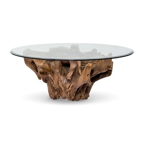 Mesa de Centro Naura Hecha de Madera de Raíz de Teca Sólida con Color Natural y Tapa de Vidrio para Interiores y Exteriores - Product Image 1