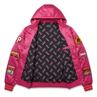 Blouson Bomber en Satin à Capuche pour Homme, Rose Vif, Patchs en Chenille Orange, Doublure Sublimée, Logo Personnalisé, OEM, Streetwear