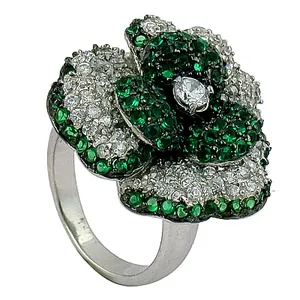 Bague de cocktail pour femme avec fleur et zircon cubique vert serti pavé, en acier inoxydable, style glamour, bijou cadeau - Product Image 3