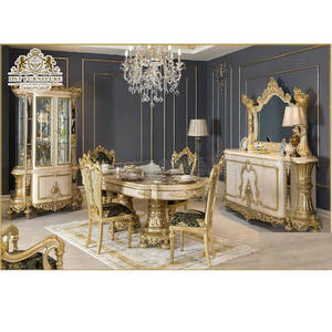 Juego de comedor de madera de teca tallada en oro clásico, mesa de comedor de madera de teca de estilo victoriano, muebles de lujo pulidos en oro - Product Image 1