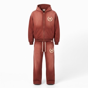 Custom Sun Faded Hoodie and Sweatpants Set 400 GSM Cotton Fleece Chenille Crest Streetwear Sweatsuit OEM Wholesale - Product Image 1