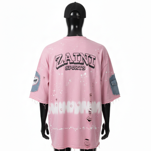 Camiseta 100% algodón para hombre, corte holgado, estampada, camiseta para hombre, lavado ácido intenso, paneles de mezclilla rosa, logotipo personalizado, camisetas para hombre - Product Image 2