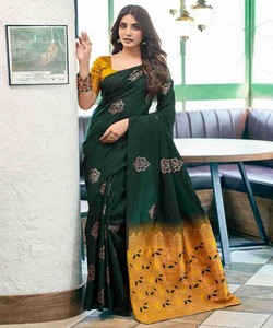 DISEÑADOR LICHI SEDA ORGÁNICA BANARASI SAREE CON BLUSA SIN COSTAR FESTIVAL WEAR PRECIO AL POR MAYOR ROPA ÉTNICA SAREE AMARILLO - Product Image 1