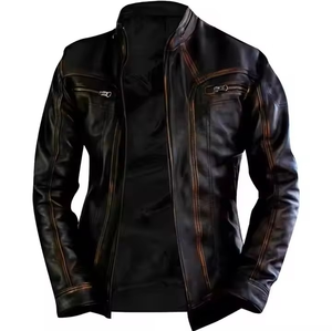 Chaqueta de Motociclista de Cuero Genuino para Hombre, Color Marrón Gamuza, Estilo Vintage, Delgada, Impermeable, con Cremallera, Doble Bolsillo, Forro de Algodón, Bordada, Envío Inmediato - Product Image 6
