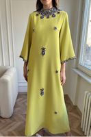AWAIS HOUSE Kaftan ethnique pour femme grande taille, léger, à col montant, manches longues, longueur ras du sol, ourlet évasé, orné de perles et de sequins, couleur unie