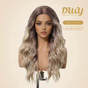 Lyna C-DWY 13*6 Glueless Synthetic <b>Wig</b> Lace Front <b>Long</b> Beach Wave for Ombre Blonde with Highlight Transparent Lace Color - Product Image 2