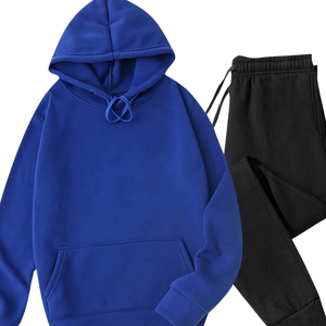 ชุดเซ็ตเสื้อฮู้ดดี้สีน้ำเงินรอยัลพร้อมกางเกงจ็อกเกอร์สีดำ ชุดลำลองสำหรับฤดูหนาว ผ้าฟลีซสองชิ้น ชุดกีฬาลำลอง ขายส่ง รับผลิตตามแบบ OEM - Product Image 3