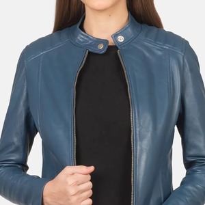 Cremallera País Azul Otoño e Invierno Mujer Color sólido Delgado PU Chaqueta de cuero Moda Stand Collar Cuero Estilo corto Chaqueta - Product Image 3