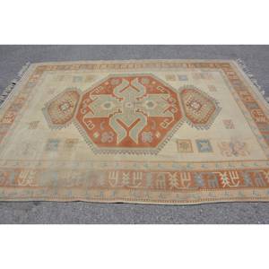 Tapis Turc Vintage Classique Orange Beige 6.8 X 9.3ft Fait à la Main Patchwork Design Laine Matériau Latex Support pour Adolescent Salon - Product Image 3