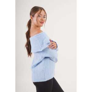 เสื้อสเวตเตอร์ถักสีฟ้าอ่อนแบบเปิดไหล่สไตล์ลำลองขายส่ง - Product Image 3