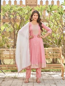 Mejor diseño listo para usar tradicional mujer plata Crunch Kurta pantalón Vichitra Dupatta traje elegante trabajo fiesta desgaste hasta la rodilla - Product Image 3