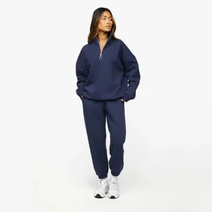 65% Cotton 35% Polyester Navy Blue Athletics Club 1/4 Zip Funnel Women's Cropped Tracksuit