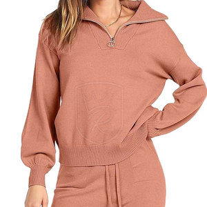 Women's Winter Solid Ribbed <b>Knit</b> <b>Set</b> Two Piece Matching Outfit Long Sleeve Wide Leg Casual Homewear 100% Cotton Eco-Friendly - Product Image 6