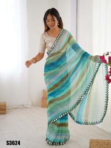 Look élégant Festival Wear couleur incroyable excellente mousseline de soie de haute et meilleure qualité Leheriya imprimé avec des saris de travail coupés en miroir - Product Image 3