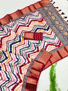 Soft Della Silk Sari Collection avec Zigzag Print Kalahari Palau Contrast Blouse Piece for Indian & Pakistanais Wedding Parties - Product Image 4