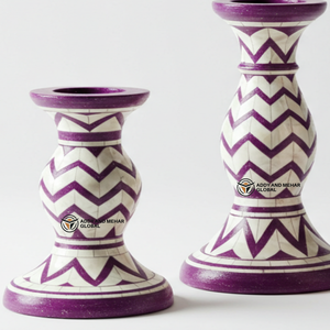 Proveedor Indio Ofrece Portavelas Cónicos de Lujo con Incrustaciones de Concha/MOP, Patrón Geométrico Chevron en Morado y Blanco - Product Image 3
