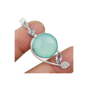 Colgante de piedras preciosas de Calcedonia, joyería para mujer, piedra de cabujón redonda de Calcedonia hecha a mano, colgante Vintage de Plata de Ley 925 - Product Image 1