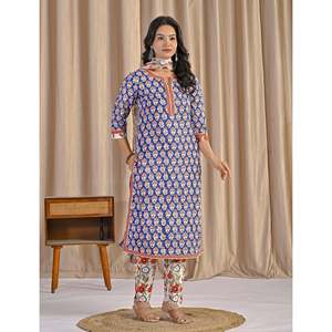 Blue Hand Drawn <b>Block</b> <b>Printed</b> Cotton Anarkali Kurta Pant Set Indian Style Soft Ethnic Wear for Daily Party Wear Net Fabric - Product Image 5