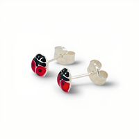 Pendientes Clásicos de Plata de Ley con Diseño de Mariquita para Niños, con Baño de Rodio y Esmalte, Hechos en España, Listos para Enviar