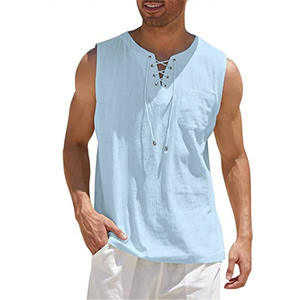 Camiseta sin mangas de verano de gran tamaño para hombre, chaleco sin mangas con cuello redondo y decoración de encaje, tela de punto de algodón 100% transpirable - Product Image 3