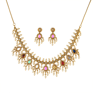 Matte Gold Plated Antique South Indian Necklace <b>Set</b> With Pearls 214434 Wholesalers in India - Product Image 1