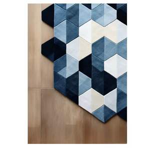 Ensemble de tapis indigo moderne touffeté à la main en forme de pentagone bloc trois D motif géométrique Design unique pour la décoration intérieure - Product Image 2