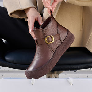 [JSHOE] Bottines à talon compensé en cuir de vache véritable doublées de polaire pour femmes avec sangle à boucle Chaussures de marche confortables pour l'hiver - Product Image 6