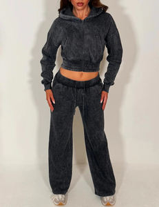 Conjunto Deportivo de Dos Piezas para Mujer, Estilo Lavado Ácido, Sudadera Corta con Cremallera y Pantalones Jogger de Cintura Alta, Venta al Por Mayor Personalizada de Alta Calidad - Product Image 3