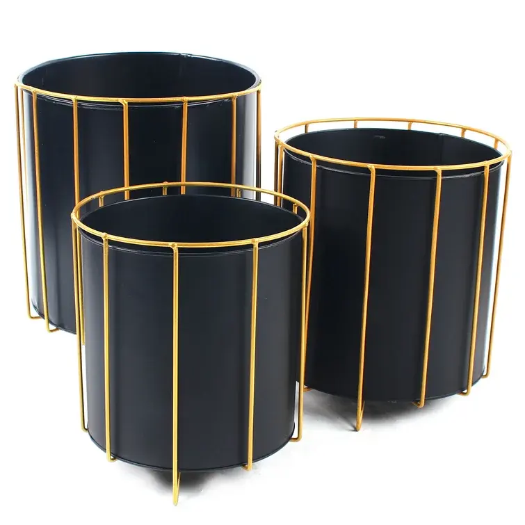 Высококачественный декоративный черный металлический цветочный горшок с золотой подставкой, 3 шт.