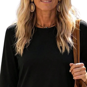 Haut décontracté noir à manches longues pour femme, col rond, coupe ample, avec détail de manches en dentelle, élégant, pour le quotidien - Product Image 3