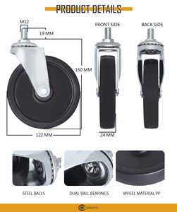 Roue pivotante à tige filetée M12 de 5 pouces, roue pivotante robuste en PP pour meubles et équipements - Product Image 2