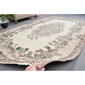 พรมตุรกีวินเทจขน6.2x9.5ft สีเบจสีน้ำตาลอมเหลืองสานเรียบมีลวดลายปะติดสำหรับตกแต่งห้องนั่งเล่น - Product Image 4