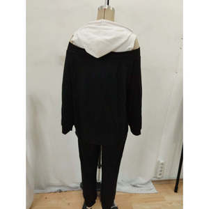 Women'<b>s</b> Long-Sleeved Off-Shoulder Hooded Drawstring Two-Tone Viscose Two-Thread <b>Blouse</b> <b>and</b> Pants Two-Piece Set, 32170 - Black - Product Image 4