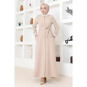 Manteau Abaya côtelé beige boutonné pour femme Mega Merchant – Veste et Trench-coat quotidiens modestes - Product Image 3