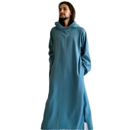 أسعار الجملة رجل الكتان القفطان الإسلامية الثوب مقنعين قفطان فستان بكم طويل مع كاب