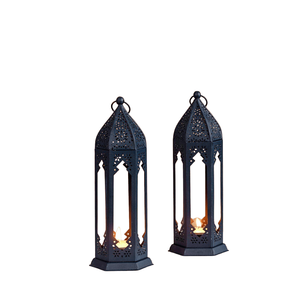 <b>Tall</b> Moroccan Lantern Duo with Hexagonal Black Metal <b>Candle</b> <b>Holders</b> Ornate Cutouts and Glass Panels - Product Image 1