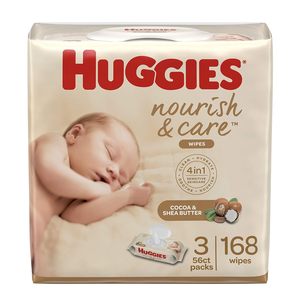 Lingettes pour bébé Huggies Nourish & Care, parfumées, 3 paquets à ouverture facile (168 lingettes au total) 56 unités (lot de 3) - Product Image 1