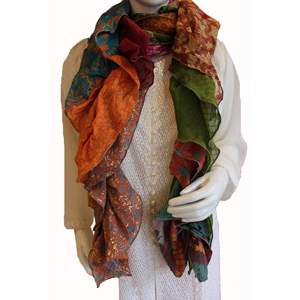 Recycled <b>Silk</b> Sari Frill Scarf Ruffle Vintage Multicolor Boho Fashion for Girls Hand Drawn Designer Long Scarf for Spring - Product Image 5