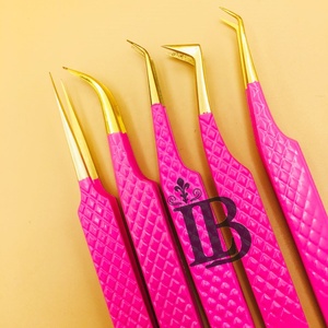 Pinces à épiler roses de qualité supérieure, pinces à épiler pour extensions de cils, pinces à épiler pour cils de vison, acier inoxydable, pointe dorée, volume russe, logo personnalisé, MOQ - Product Image 3