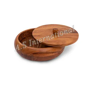 Hot Sale Handcrafted Acacia Wood Roti Serving Box with wooden Lid round shape with craved design use for Home and Hotel